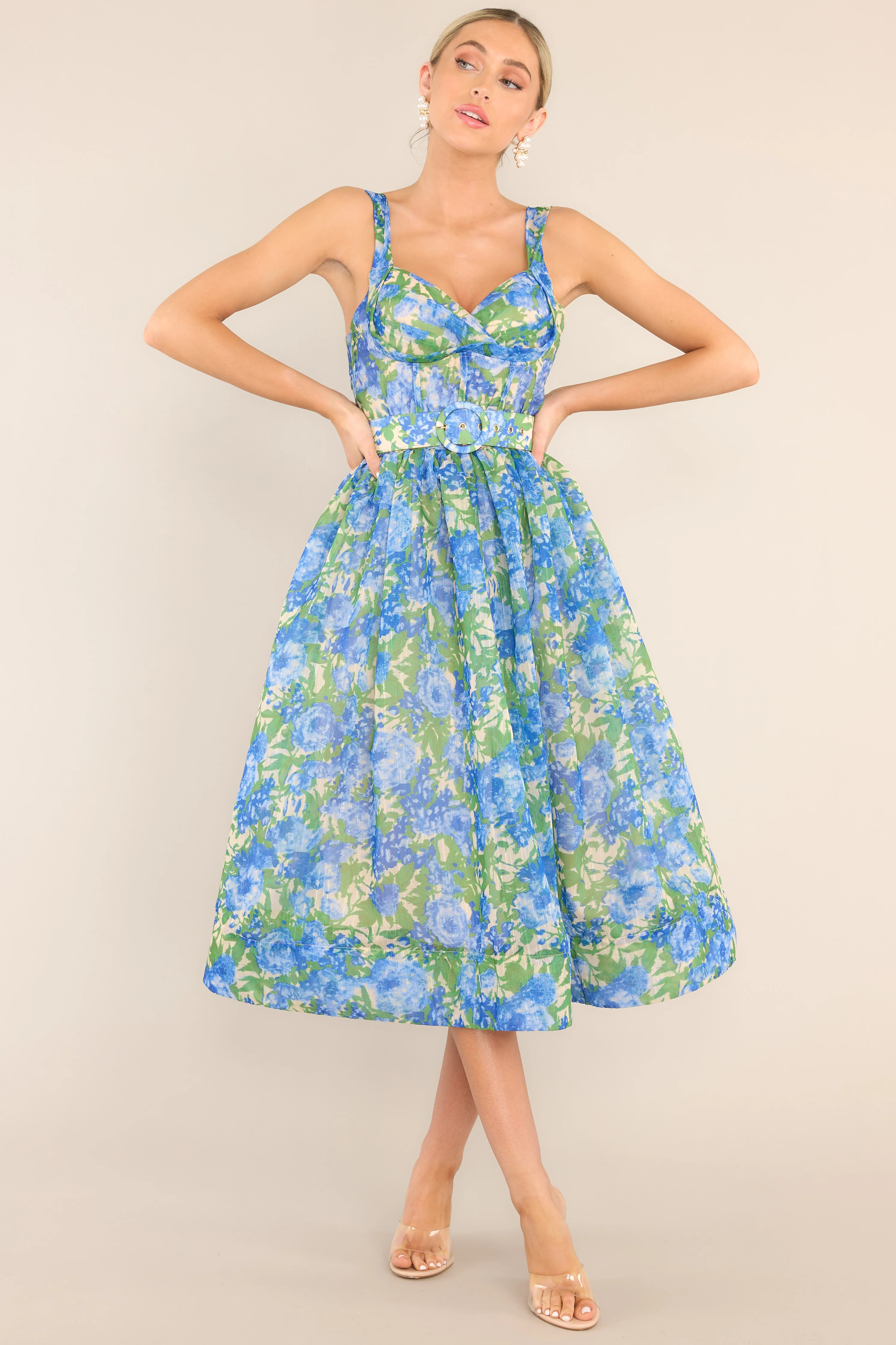 What We Do Blue Floral Belted Midi Dress | Red Dress