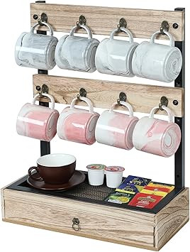 Yuzehuaza Wood Mug Cup Rack Stand with Drawer,2 Tier Countertop Coffee Mug Storage Holder for Cof... | Amazon (US)