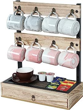 Yuzehuaza Wood Mug Cup Rack Stand with Drawer,2 Tier Countertop Coffee Mug Storage Holder for Cof... | Amazon (US)