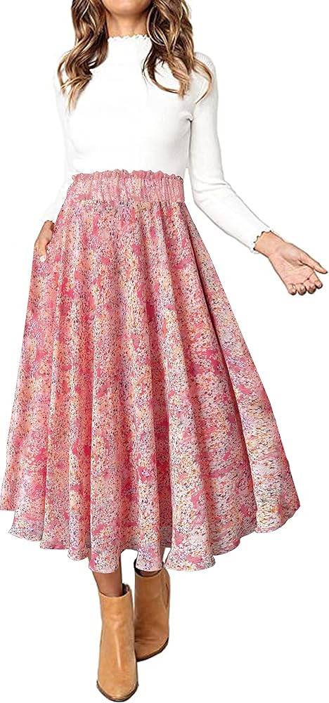 Sinono Women Elastic High Waist A Line Floral Print Swing Chiffon Beach Midi Long Skirt with Pockets | Amazon (US)