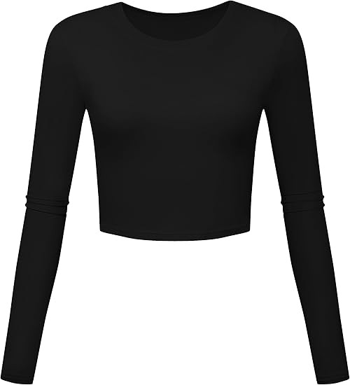 Round Neck Crop Tops Slim Fit Basic Long Sleeve Workout Shirts for Women | Amazon (US)