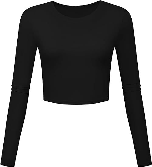 Round Neck Crop Tops Slim Fit Basic Long Sleeve Workout Shirts for Women | Amazon (US)
