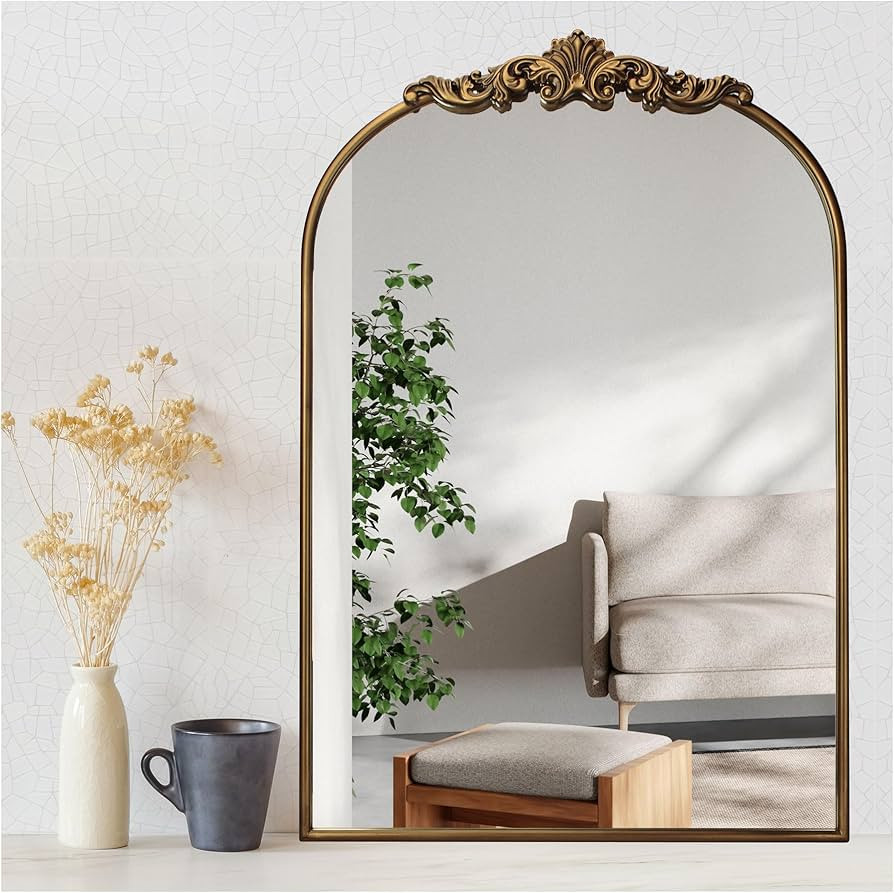 Ornate Baroque Vintage Gold Mirror - 24"X36" Arched Antique Brass Mirror with Full Metal Frame - ... | Amazon (US)