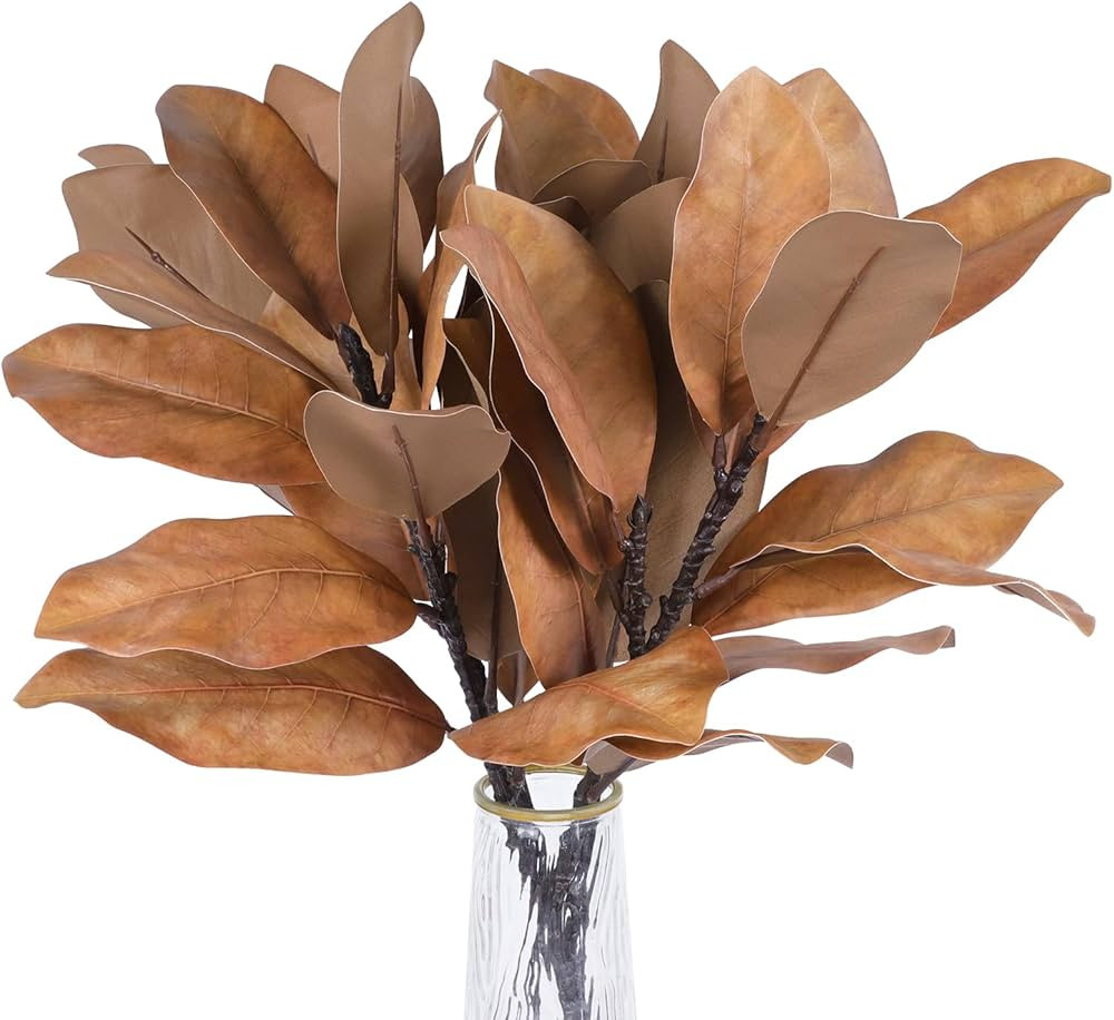 4Pcs Fall Artificial Magnolia Stems Real Touch Yellow Fake Magnolia Leaves Faux Magnolias Leaf Br... | Amazon (US)