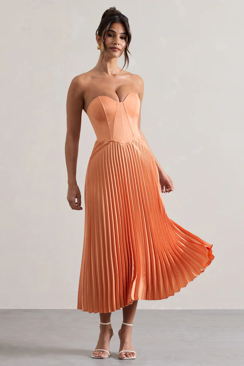 Bordeaux | Peach Satin Corset Style Midi Dress | Club L London