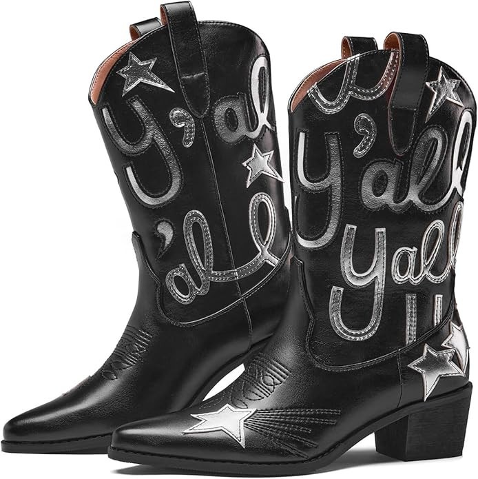 Metallic Cowboy boots for Women Embroidered Mid Calf Womens Cowgirl Boots Western Pointed Toe Chu... | Amazon (US)