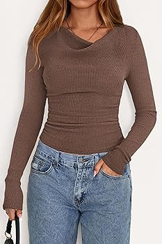 PRETTYGARDEN Women's Long Sleeve Cowl Neck Ribbed Knit Fall Shirts Slim Fit Ruched Going Out Crop... | Amazon (US)