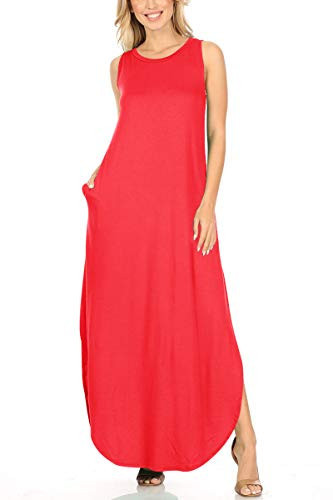 Side Slits Sleeveless Summer Round Neck Solid Maxi Dress with Pockets Red S | Amazon (US)