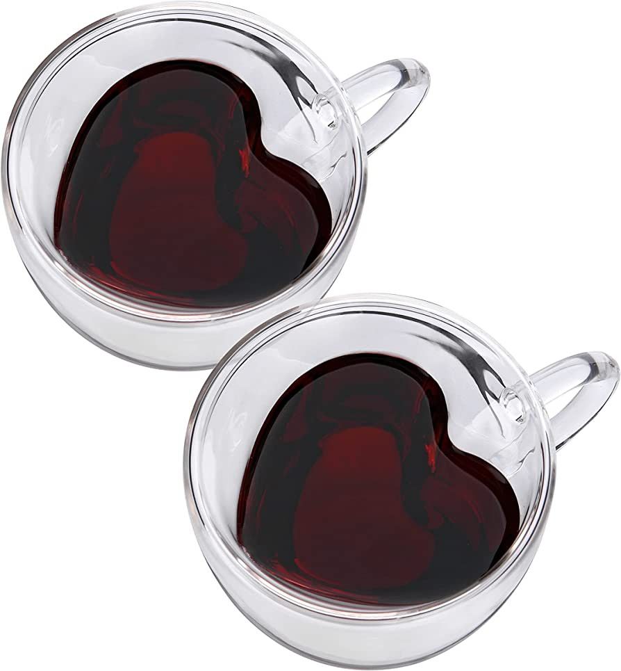 CNGLASS Double Wall Heart Shaped Glass Coffee Mugs 8.5oz(Set of 2),Insulated Clear Tea Cups with ... | Amazon (CA)
