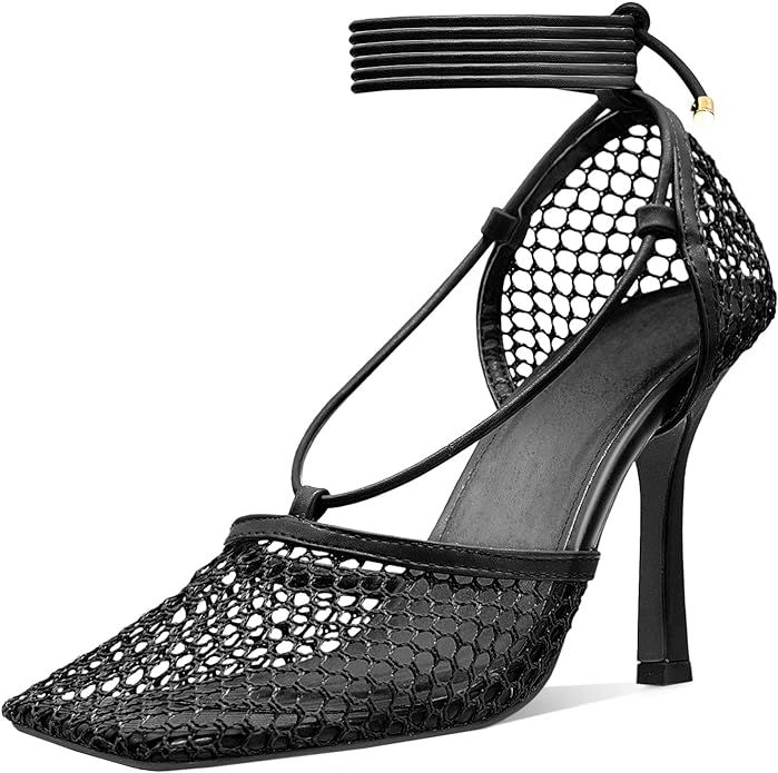 MUCCCUTE Square Toe Mesh Stiletto Heels for Women, Sexy Wrap Around Lace Up High-Heel Sandals Gre... | Amazon (US)