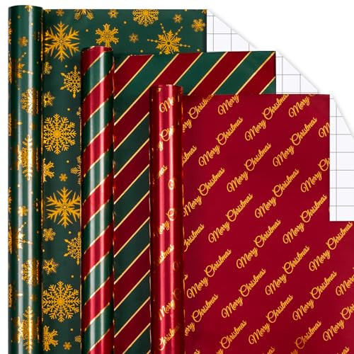 MAYPLUSS Shiny Christmas Wrapping Paper - 17In x 120In Per Roll - Classic Red & Green Stripe, Forest Green & Gold Snowflake, Red & Gold Merry Christmas Text Design Gift Wrap Paper for Holiday, Party | Amazon (US)