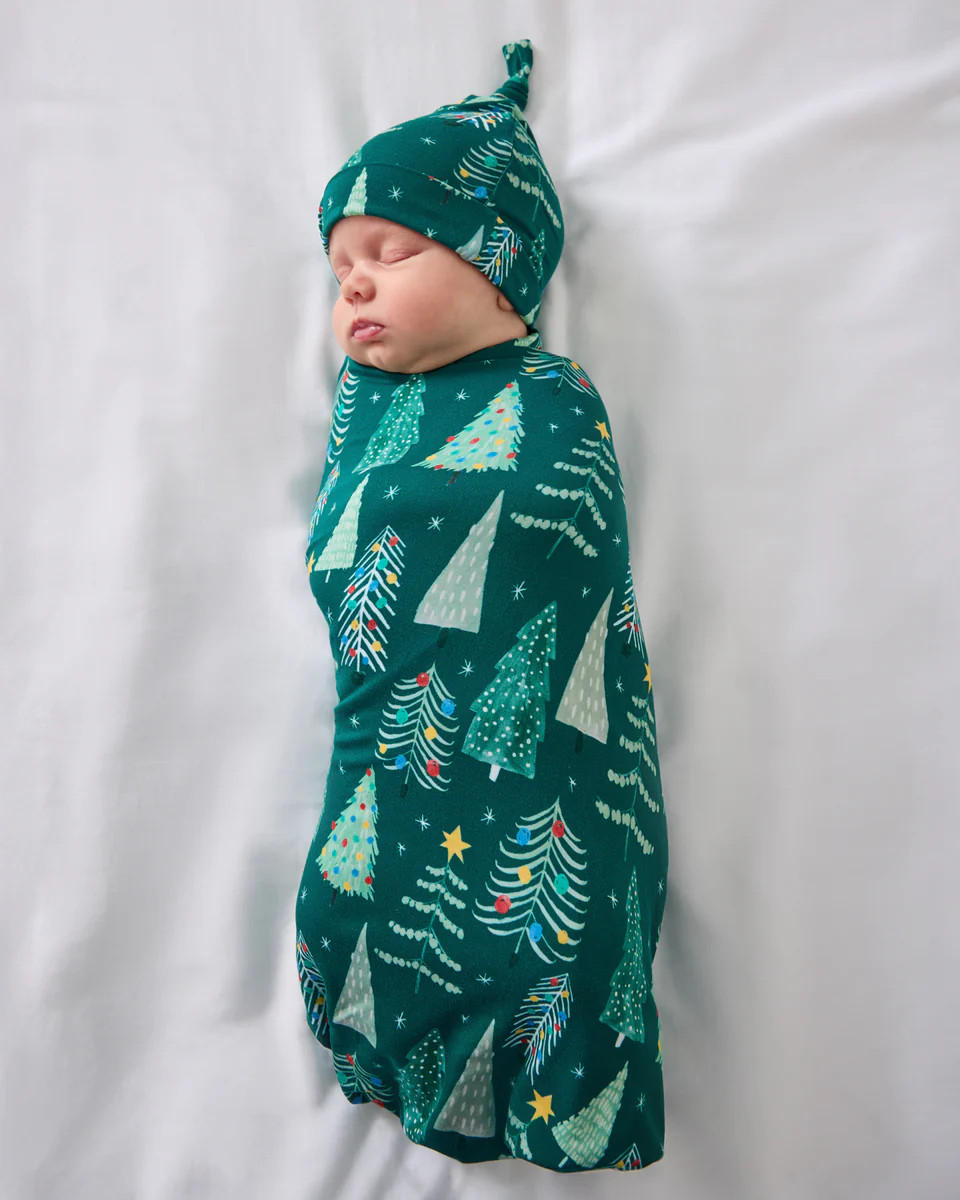 Twinkling Trees Swaddle & Hat Set | Little Sleepies