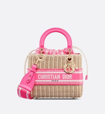 Medium Lady Dior Bag Natural Wicker and Fluorescent Pink Dior Oblique Jacquard | DIOR | Dior Couture