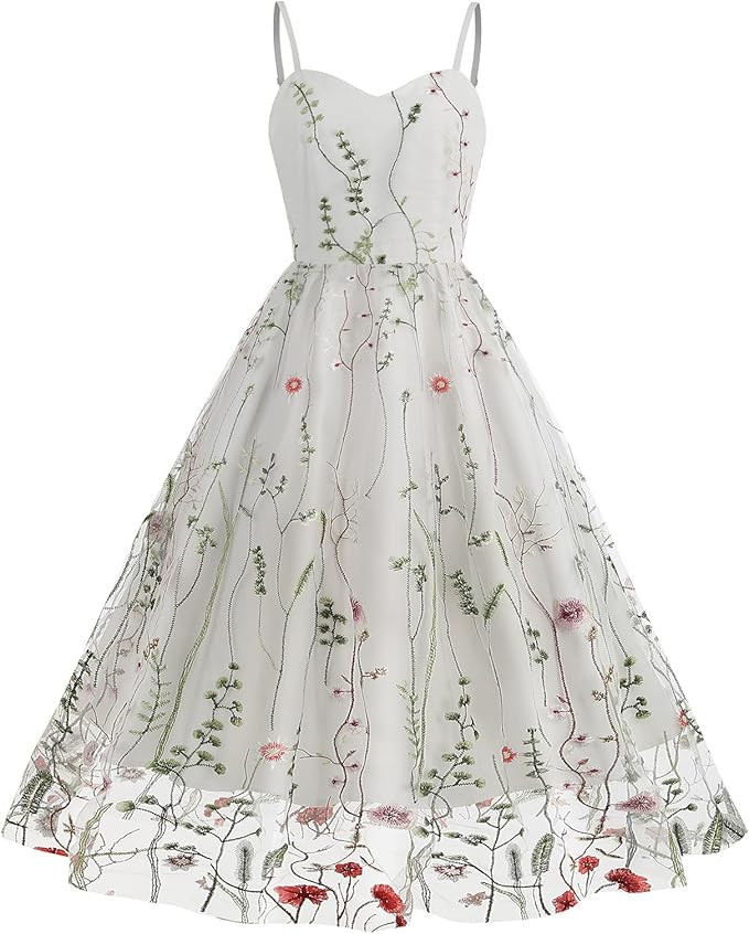 Women Keyhole Floral Embroidery Dress Sheer Mesh Illusion Vintage Cocktail Swing Dress Wedding Pa... | Amazon (US)
