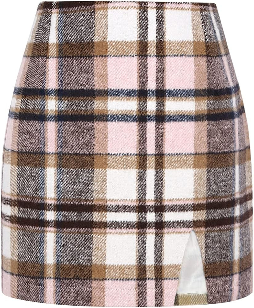 Plaid Mini Skirts for Womens High Waisted Fall Winter Wool Bodycon Pencil Skirts with Slit | Amazon (US)
