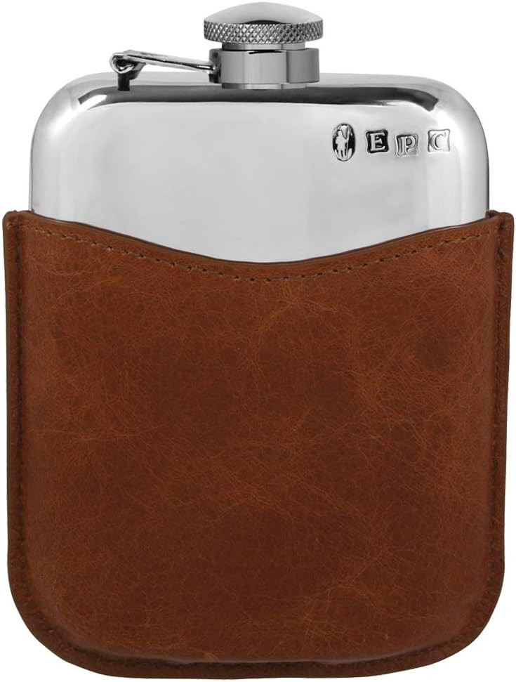 English Pewter Company 6oz Pewter Hip Flask With Luxury Brown Leather Pouch [PLF02] | Amazon (US)