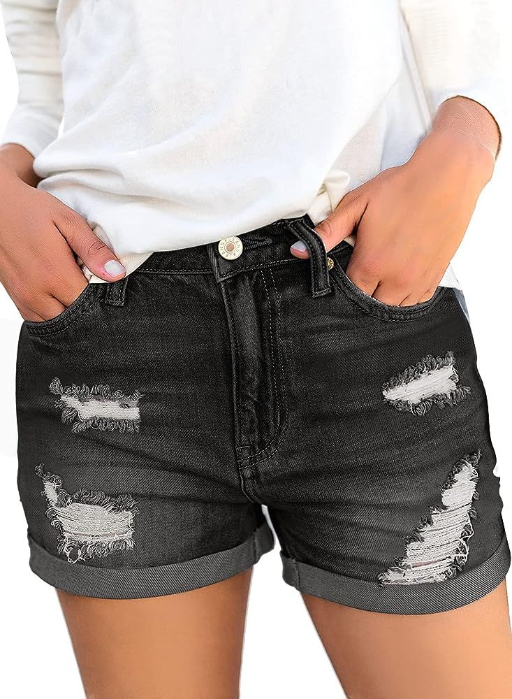LookbookStore Women's Mid Rise Rolled Hem Distressed Jeans Ripped Denim Shorts | Amazon (US)