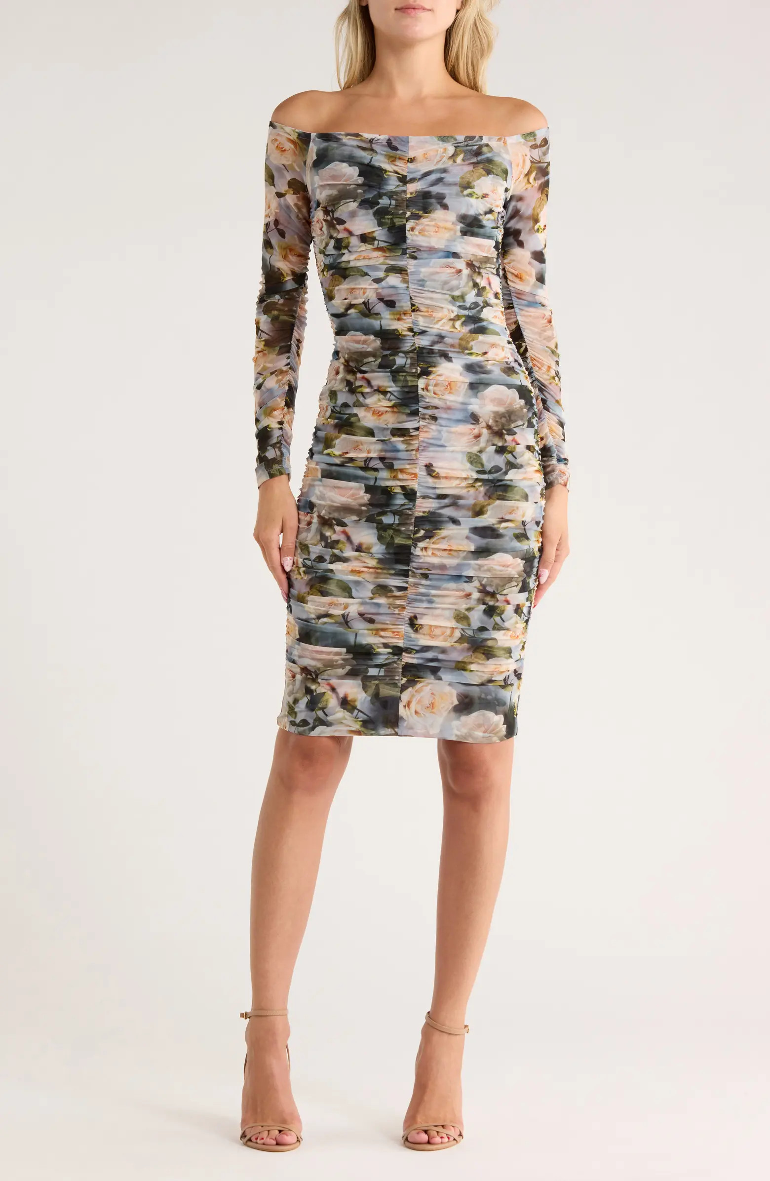 L'AGENCE Morgana Off the Shoulder Ruched Mesh Dress | Nordstromrack | Nordstrom Rack