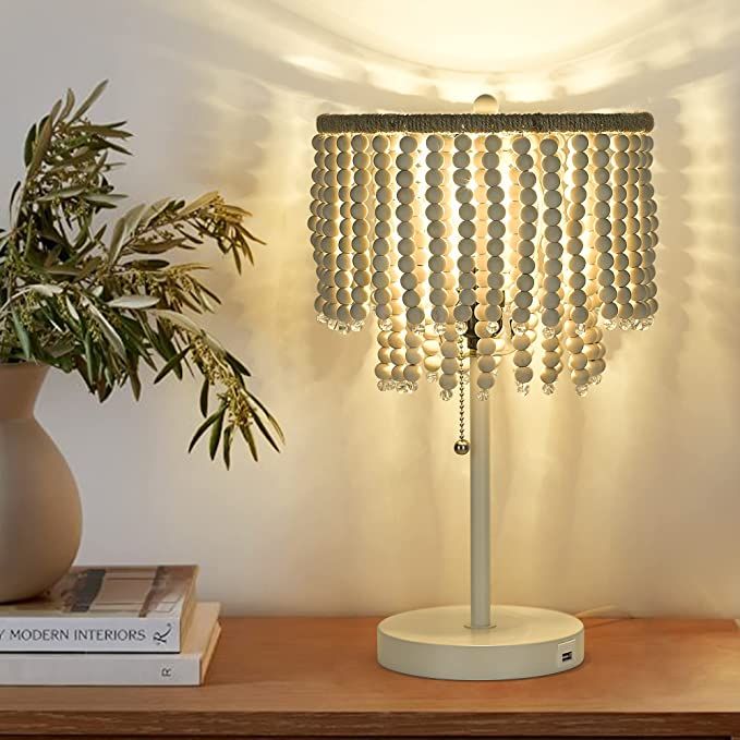 ELYONA Boho Table Lamp with USB Charging Port, Birch Wood Beaded Desk Lamp, Farmhouse Bedside Tab... | Amazon (US)