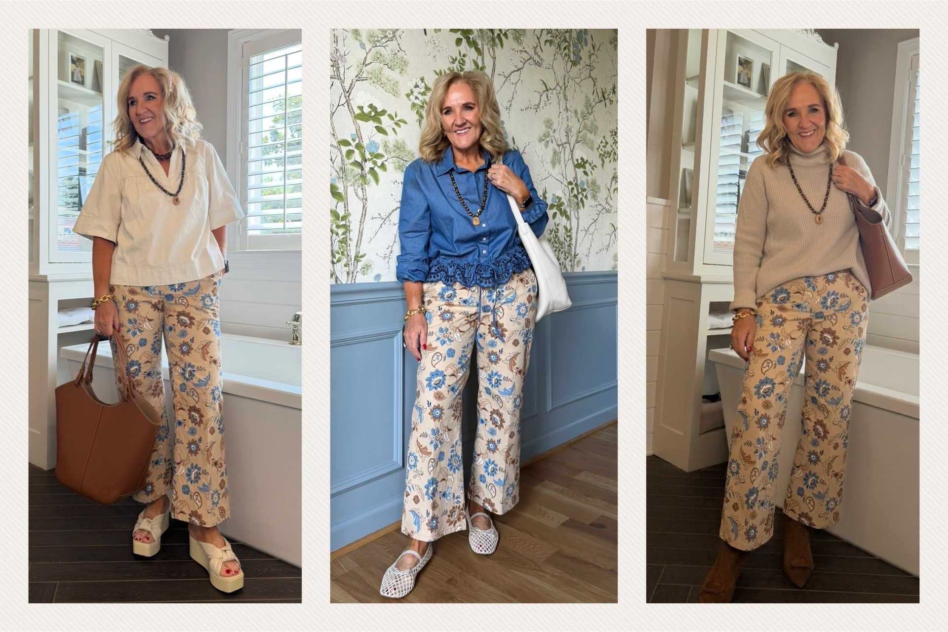 Love this wear now look. Then parentheses fall print pants with a sweater and boots layer! 
Pants size 8 petite 
Tops & sweater  size medium 
Fall pants printed pants fall neutrals

#LTKOver40 #LTKSaleAlert #LTKootd

#LTKSeasonal #LTKPetite