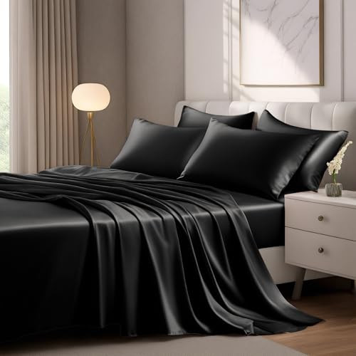 LuxClub Satin Sheets Satin Sheets - Soft Satin Bed Sheets Twin, 4 Pcs Luxury Silky Sheets, Similar to Silk Sheets, Black Satin Sheets Twin for Hair and Skin, Gifts for Women-Black Twin | Amazon (US)