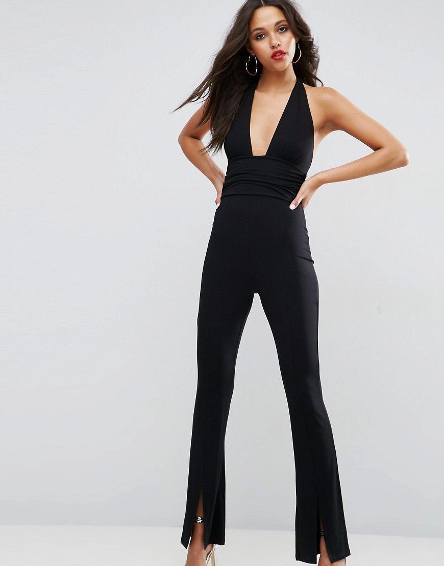 ASOS Jersey Jumpsuit with Halter Neck and Plunge Detail - Black | ASOS US
