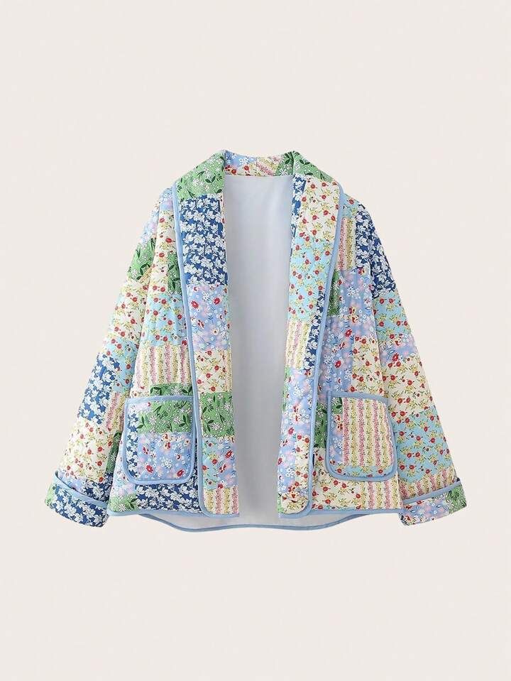 Double-Pocketed Floral Printed Jacket With Shawl Collar And Quilted Lining | SHEIN