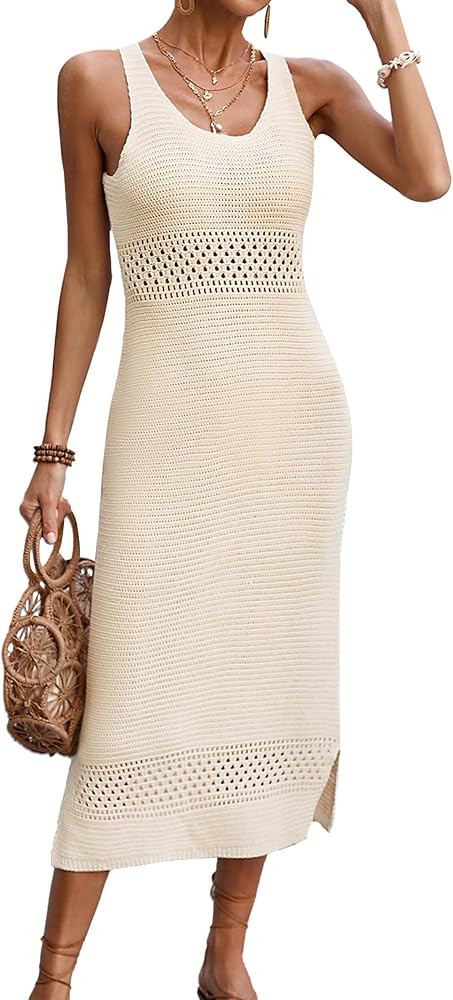 BreathSunny Womens Crochet Swimsuit Beach Cover Up 2026 U Neck Sleeveless Mesh Knit Bathing Suit ... | Amazon (US)