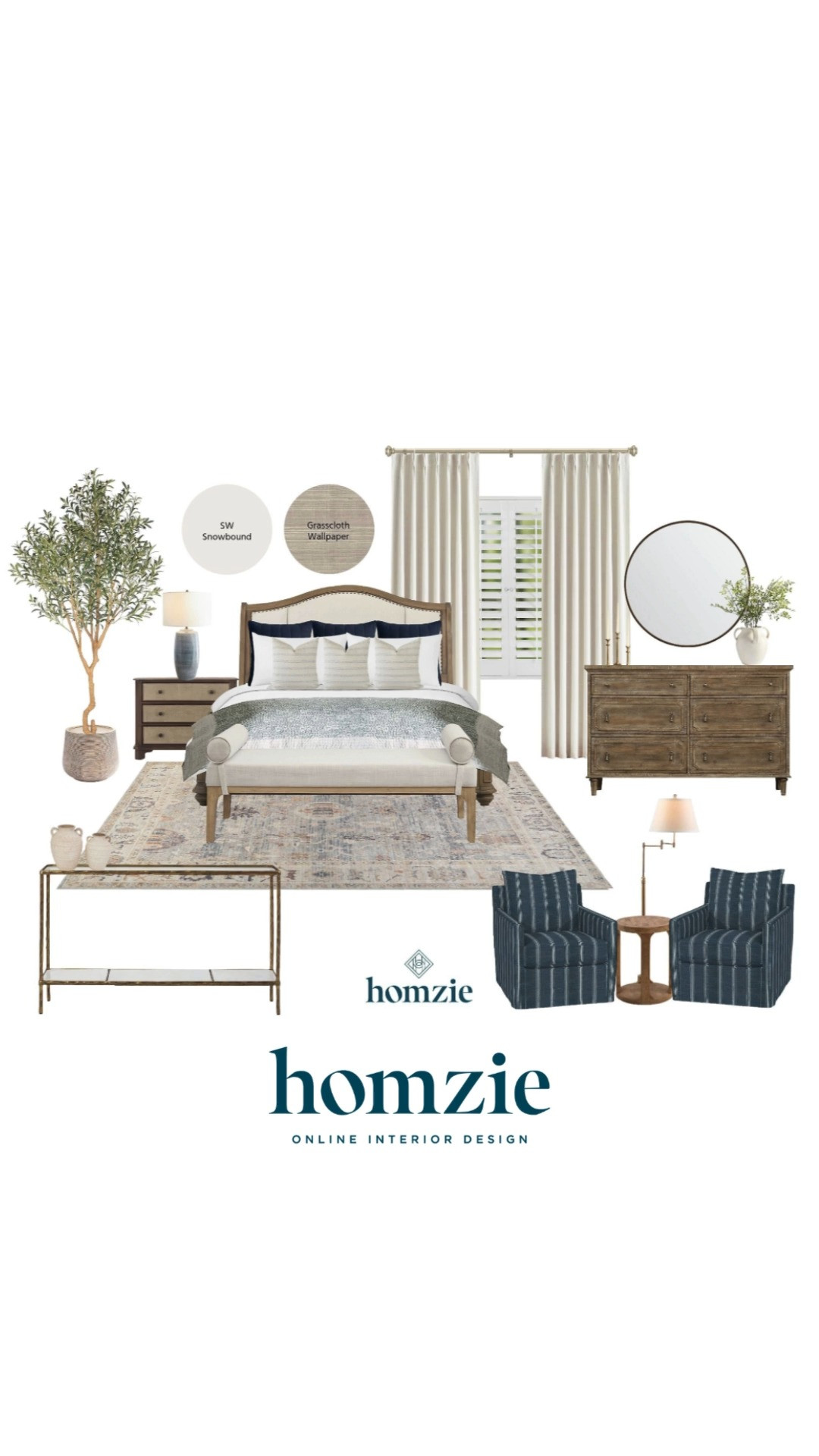 Bedroom design featuring  bed frame, bedding, curtains, wood dresser, accent chairs, side table, floor tree, circle mirror, lamp, etc.

#LTKHome #LTKFinds #LTKFavorites #HomeStyle  

 #LTKHome