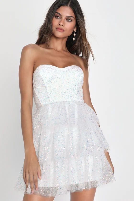 Noteworthy Shine White Iridescent Sequin Strapless Mini Dress | Lulus