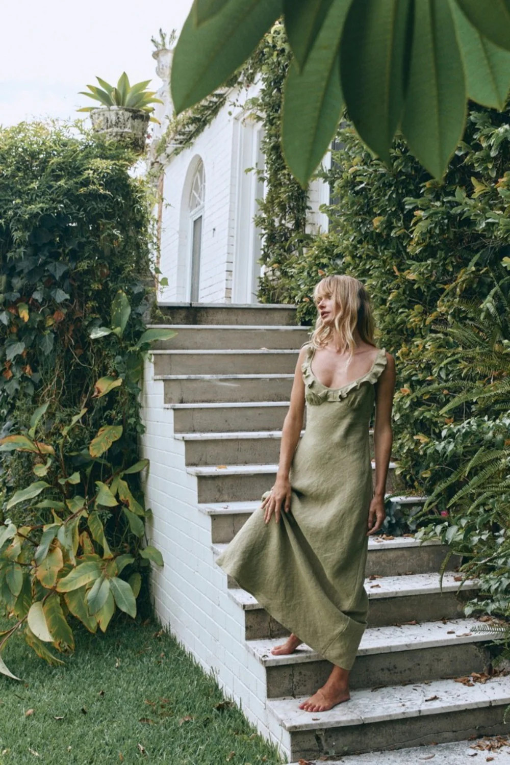 Rosalia Linen Bias Cut Maxi Dress Olive | VRG Grl