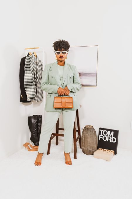 -Sage green faux leather blazer by Zara (medium)
-Sage green high waist pants by Zara (medium) 
-Sage green crop top by Amazon fashion (small) 
-Sage green sunglasses by Target 
-Lange heels by Steve Madden 
-Jacquemus le grand bambino bag 

#LTKitbag #LTKstyletip