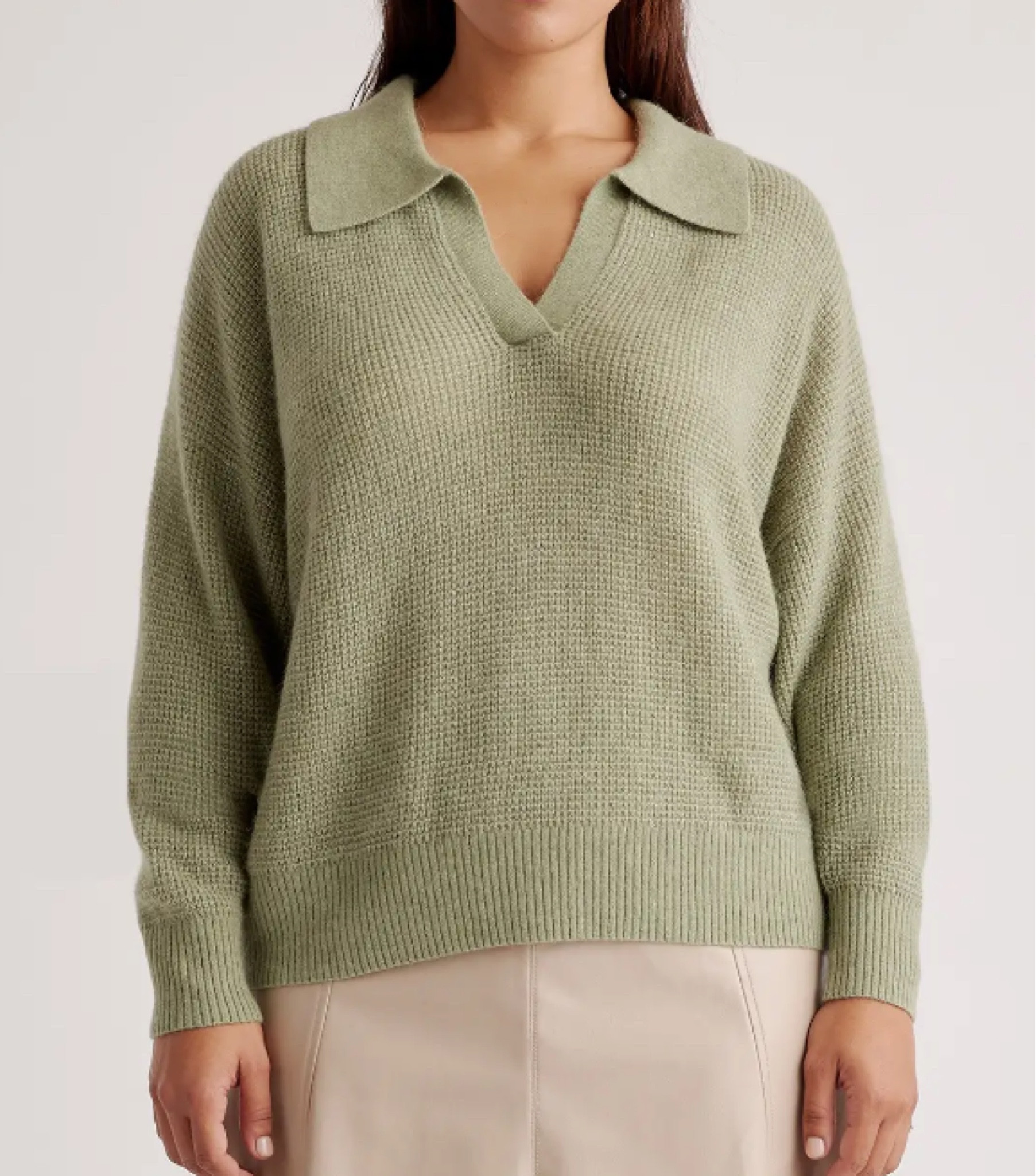 Baby alpaca wool waffle stitch polo sweater in ‘sage’ from quince 

Light olive 

House of colour / Autumn 

#LTKTravel #LTKStyleTip #LTKWorkwear