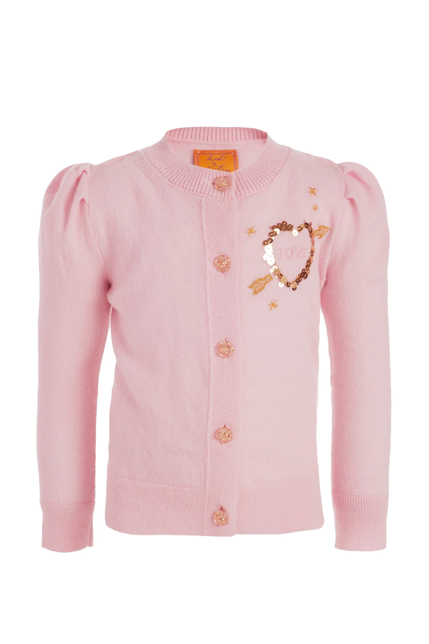Le Lion Girls Puff Sleeve Heart Cardigan | LOVESHACKFANCY