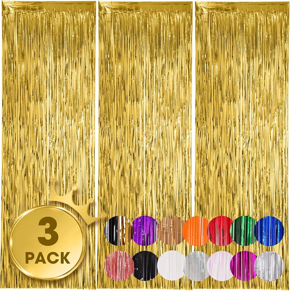 3 Pack 3.3x8.2 Feet Gold Foil Fringe Backdrop Curtains, Tinsel Streamers Birthday Party Decoratio... | Amazon (US)