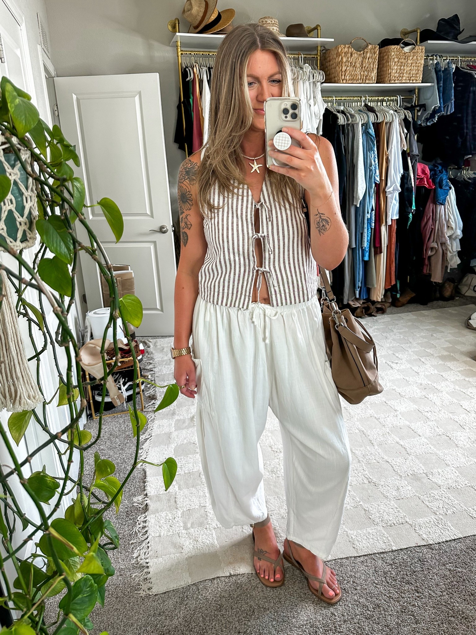 Medium top, large pants (can size down, stayed with large bc of color) 11 flip flops 

#LTKMidsize #LTKOver40