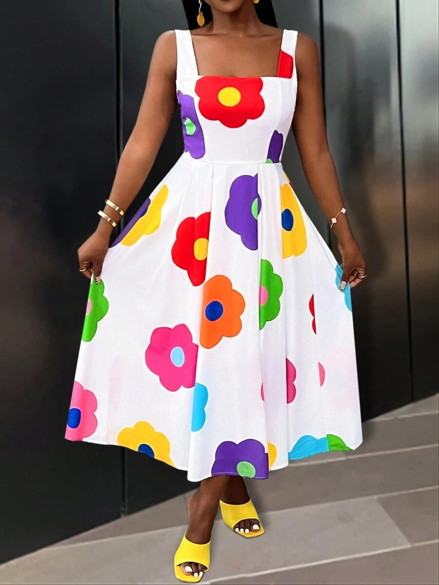 Slaydiva Elegant Loose-Waist Sleeveless Wide Strap White Floral Print Dress For Women - A | SHEIN