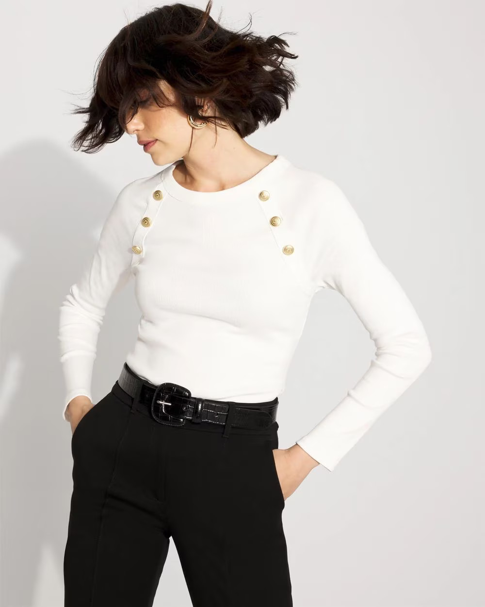 WHBM FORME™ Ribbed Stretch Button Long-Sleeve Tee | White House Black Market