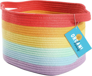 Click for more info about OrganiHaus Rainbow Cotton Rope Magazine Basket w/Handles 14”x11” | Colorful Room Decor for Ki...