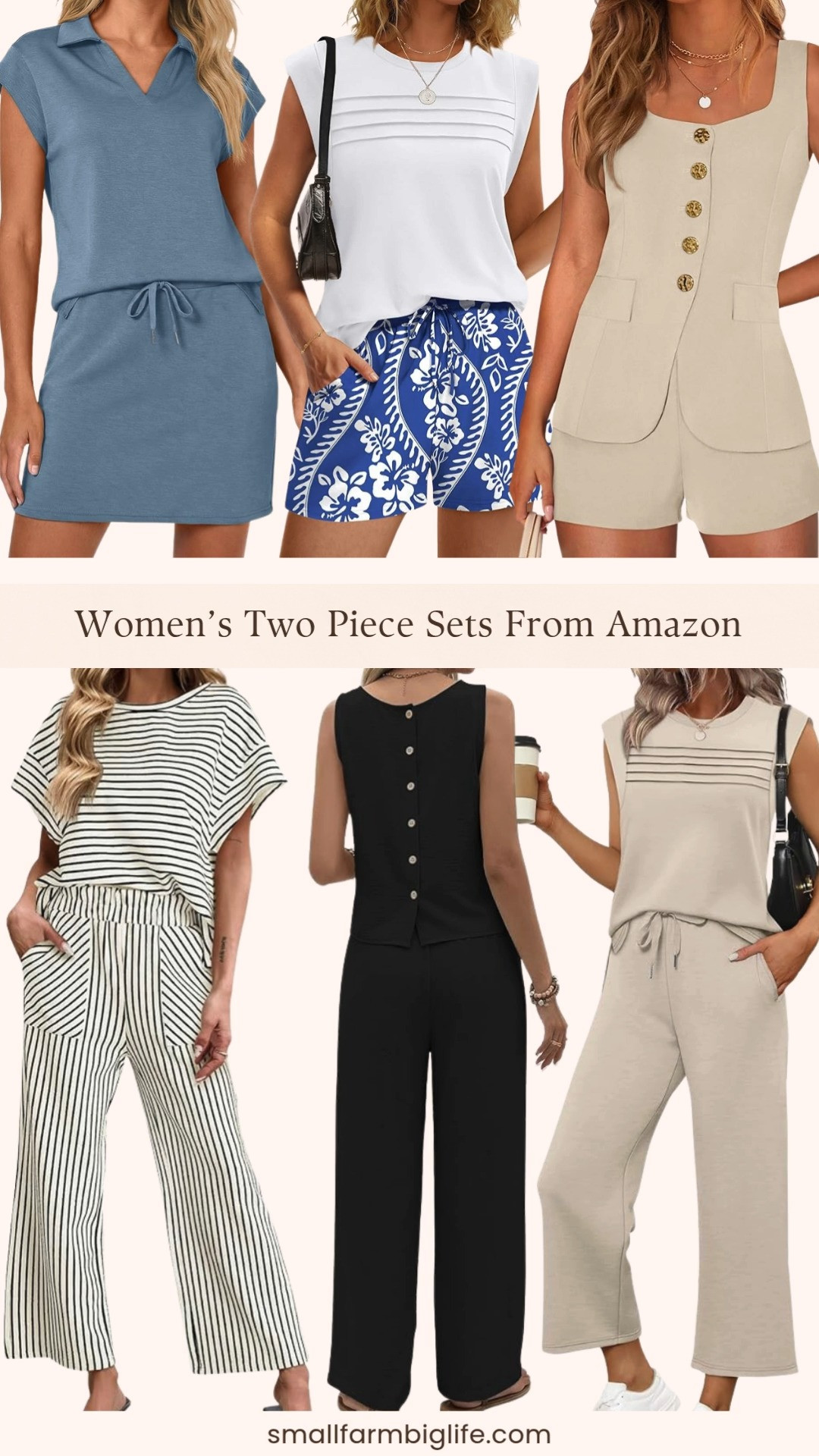 Two piece sets from Amazon and this round up is giving all the best spring and summer vibes 🌿✨ I rounded up my favorites: a black back button sleeveless top and wide leg pants set, a beige cap sleeve top and wide leg ankle length pants set, a black and cream striped short sleeve top and wide leg pants set, a white sleeveless top and blue floral shorts set, a beige button front vest and shorts set, and a blue cap sleeve top and skort set. So many different silhouettes and styles in this round up and every single one is comfortable, easy to style, and so affordable from Amazon. Whether you need something for vacation, a casual day out, or just an easy everyday outfit these two piece sets have you completely covered. Everything is linked! 🛒 

 #LTKgrwm #LTKootd #LTKOver40