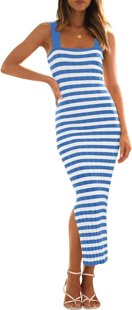 MEROKEETY Women's 2024 Summer Striped Knit Bodycon Midi Dress Square Neck Side Slit Tank Ribbed S... | Amazon (US)