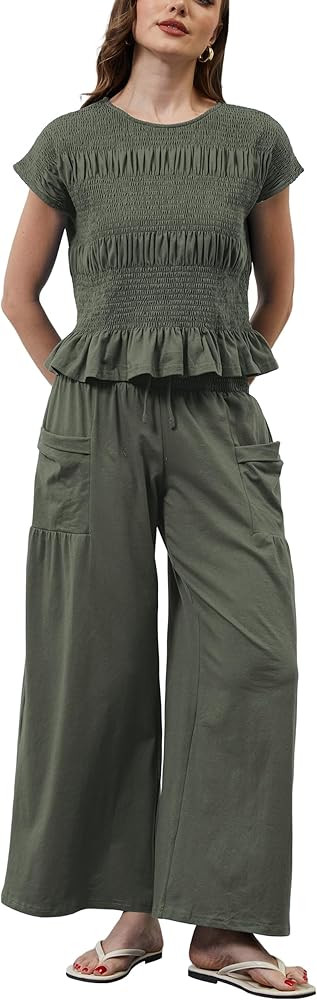 Womens Summer 2 Piece Outfits Smocked Tops Elastic Waist Wide Leg Pants with Pockets Casual Boho ... | Amazon (US)
