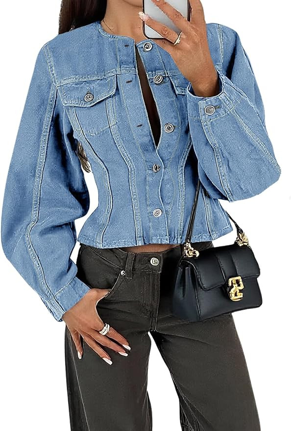 Tankaneo Womens Cropped Jean Jacket Trendy Crewneck Button Down Short Denim Jacket Y2k Slim Fit C... | Amazon (US)