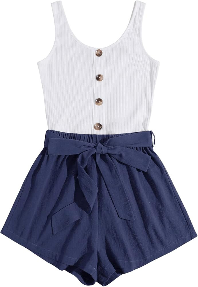 SweatyRocks Women's Sleeveless Cami Romper Colorblock Short Jumpsuit with Belt | Amazon (US)