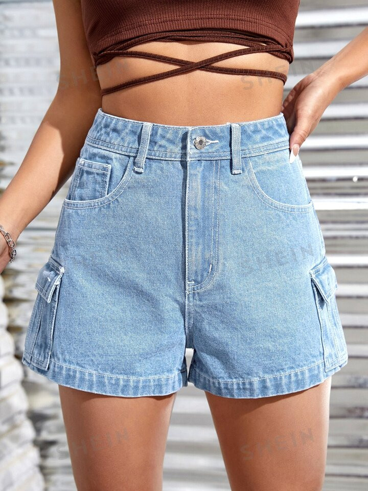 SHEIN Flap Pocket Side Cargo Denim Shorts | SHEIN