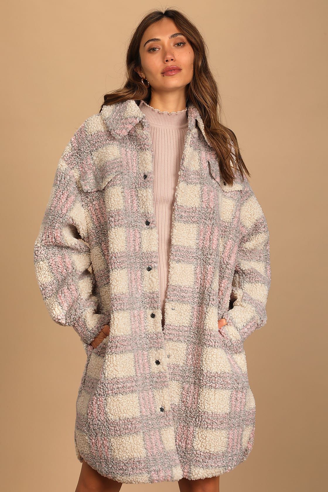 Winter Winds Beige Multi Plaid Shearling Jacket | Lulus (US)