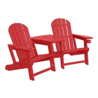 Coastline Red Outdoor Patio All Weather Poly Plastic Adirondack Chair w/ Connecting Tray & Cup Holder Set of 2 | The Home Depot