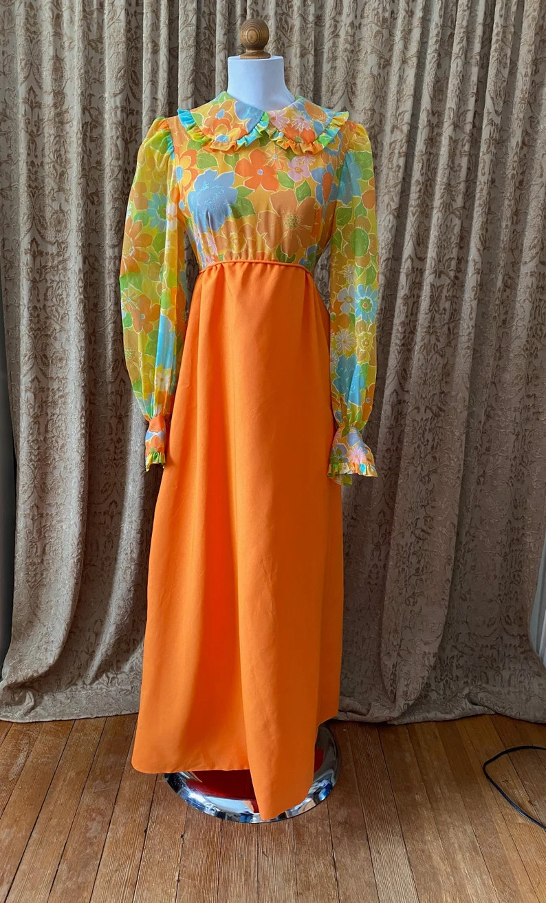 Vintage 1960s orange  and floral chiffon Evening Gown with Sheer Puffy Sleeves  with Ruffle Detai... | Etsy (Global)