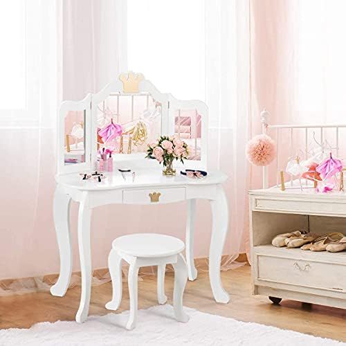 HONEY JOY Kids Vanity Set with Mirror, 2-in-1 Wooden Toddler Vanity Table with Stool, Tri-Folding... | Amazon (US)