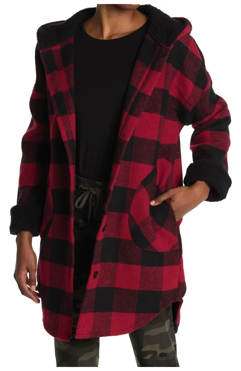 Faux Shearling Hooded Buffalo Plaid Shacket | Nordstrom Rack